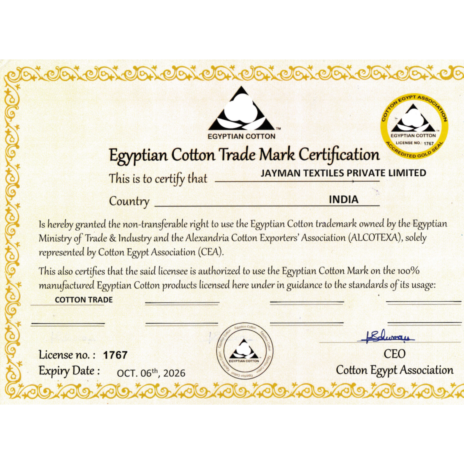 Egyptian Cotton Gold seal Accreditation